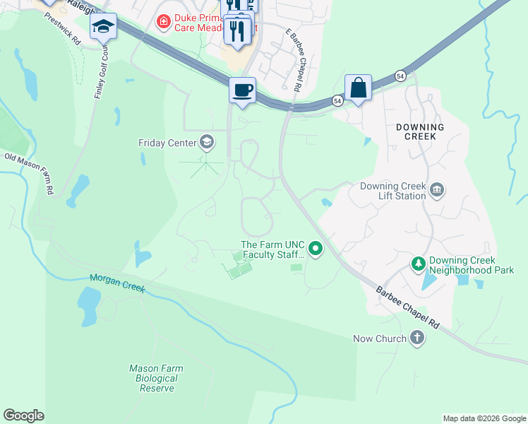 map of restaurants, bars, coffee shops, grocery stores, and more near 376 Summerwalk Circle in Chapel Hill