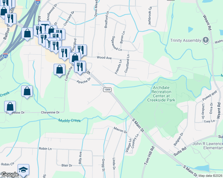 map of restaurants, bars, coffee shops, grocery stores, and more near 10421 South Main Street in Archdale