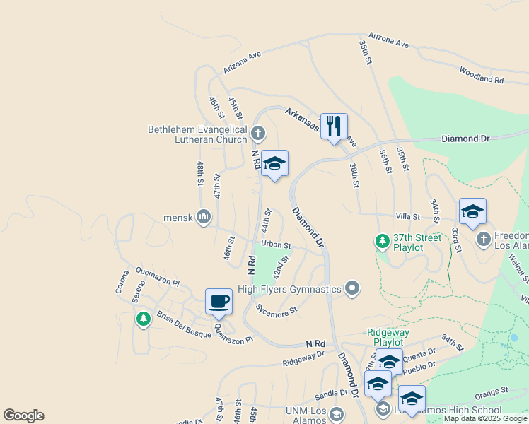 map of restaurants, bars, coffee shops, grocery stores, and more near 2178 45th Street in Los Alamos