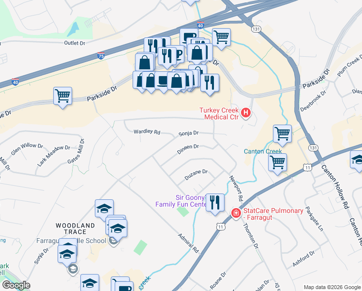 map of restaurants, bars, coffee shops, grocery stores, and more near 10837 Dineen Drive in Knoxville
