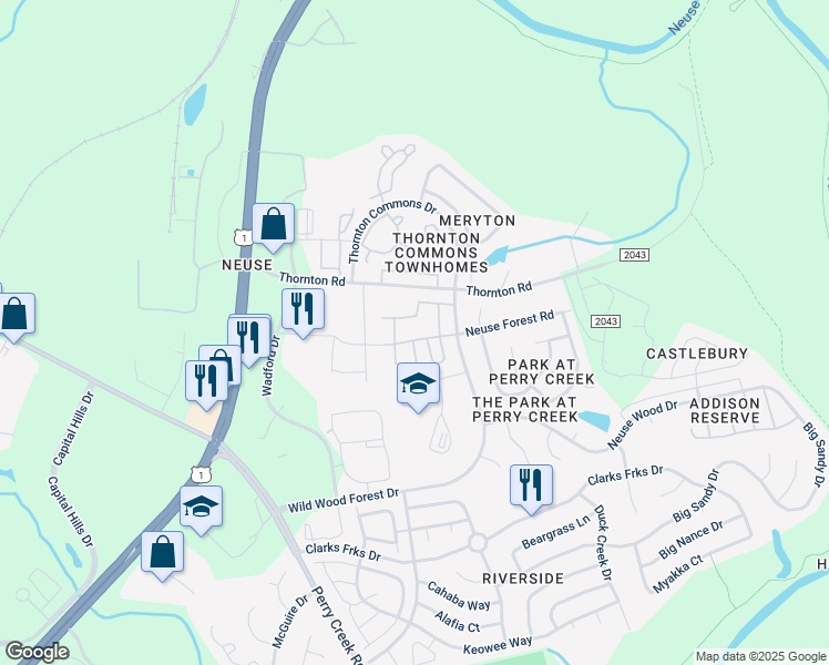 map of restaurants, bars, coffee shops, grocery stores, and more near 5115 Neuse Commons Lane in Raleigh