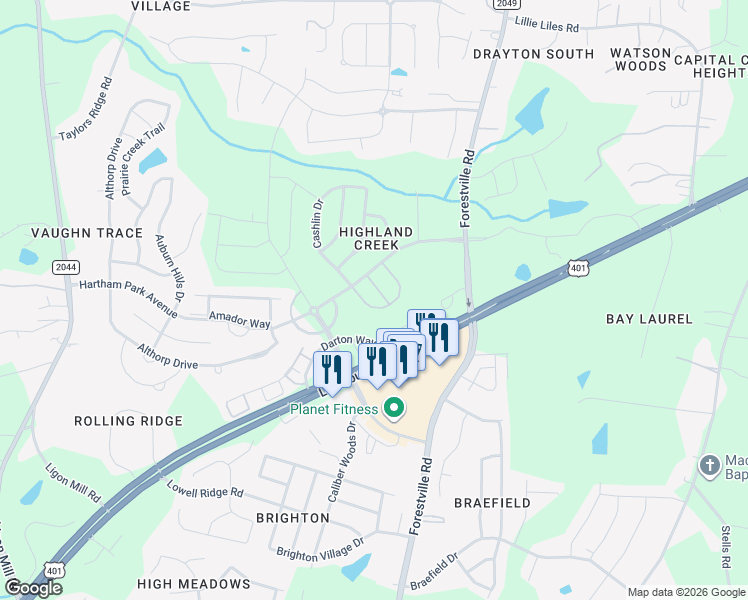map of restaurants, bars, coffee shops, grocery stores, and more near 2814 Casona Way in Raleigh