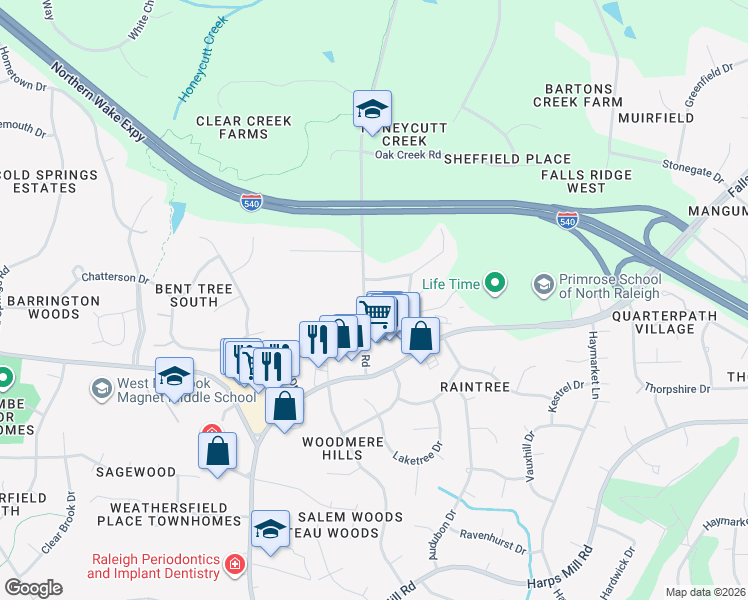 map of restaurants, bars, coffee shops, grocery stores, and more near 8409 Passage Marseille Court in Raleigh