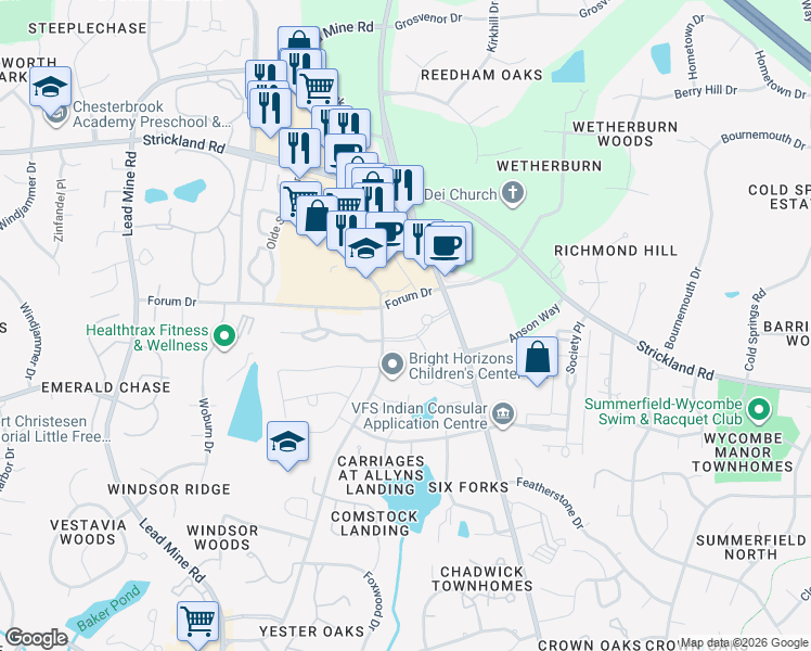 map of restaurants, bars, coffee shops, grocery stores, and more near 8601 Old Lead Mine Road in Raleigh