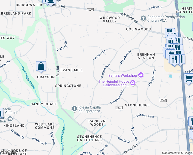 map of restaurants, bars, coffee shops, grocery stores, and more near 8500 Langtree Lane in Raleigh