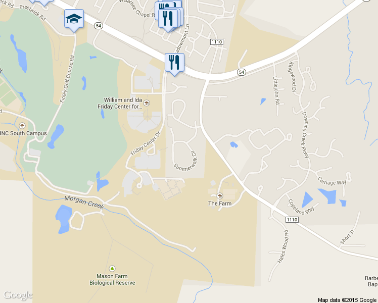 map of restaurants, bars, coffee shops, grocery stores, and more near 376 Summerwalk Circle in Chapel Hill