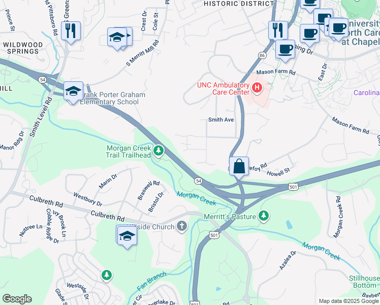 map of restaurants, bars, coffee shops, grocery stores, and more near 107 Pine Bluff Trail in Chapel Hill
