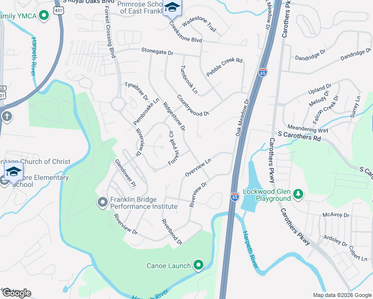 map of restaurants, bars, coffee shops, grocery stores, and more near 320 Bridgeway Drive in Franklin
