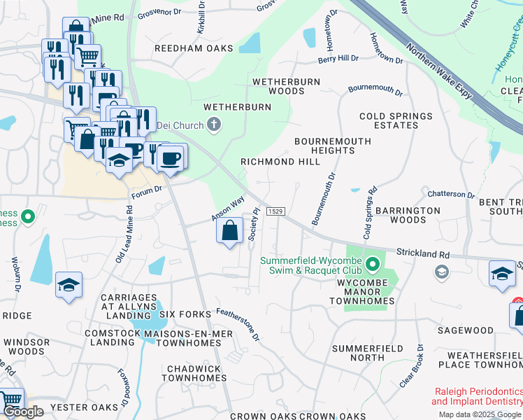 map of restaurants, bars, coffee shops, grocery stores, and more near 8612 Society Place in Raleigh