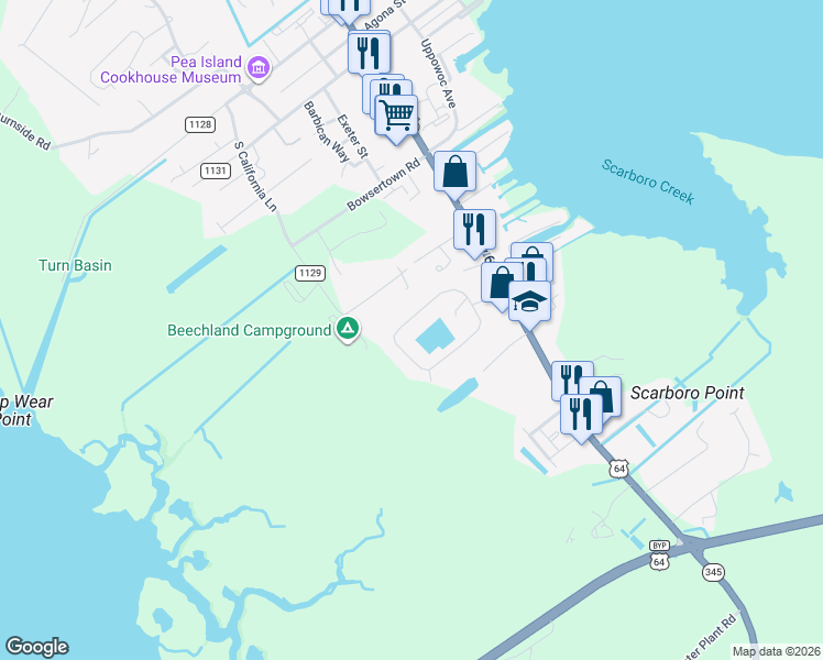 map of restaurants, bars, coffee shops, grocery stores, and more near 640 Vista Lake Dr in Manteo