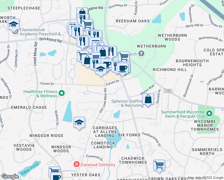 map of restaurants, bars, coffee shops, grocery stores, and more near 8601 Six Forks Road in Raleigh