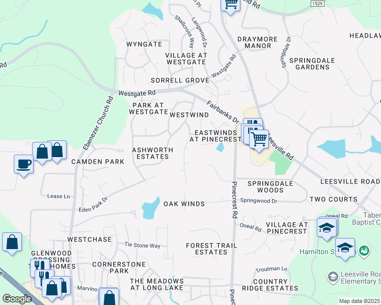 map of restaurants, bars, coffee shops, grocery stores, and more near 9401 Floral Ridge Court in Raleigh