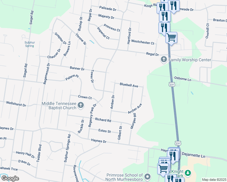 map of restaurants, bars, coffee shops, grocery stores, and more near 2802 Amber Dr in Murfreesboro