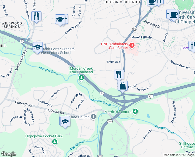 map of restaurants, bars, coffee shops, grocery stores, and more near 507 Pine Bluff Trail in Chapel Hill