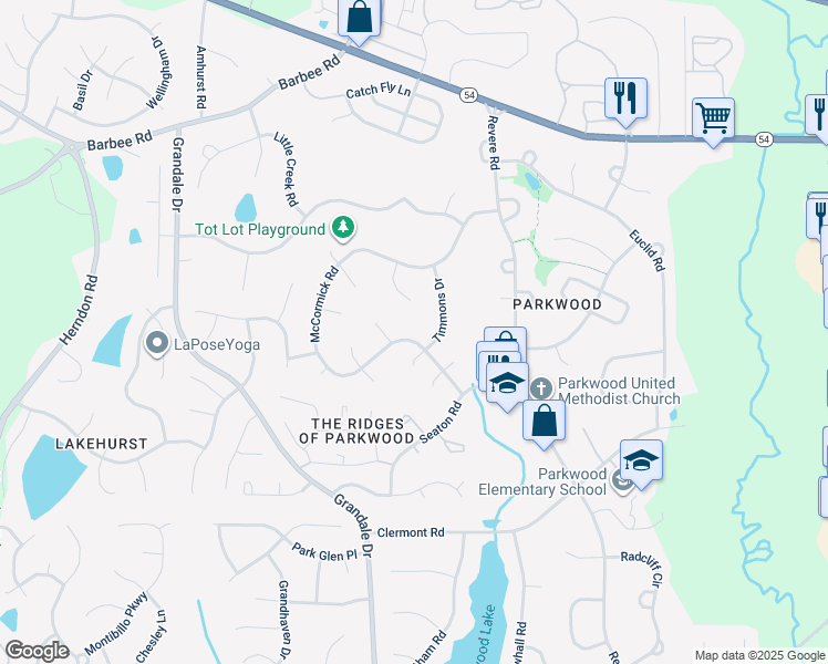 map of restaurants, bars, coffee shops, grocery stores, and more near 5525 McCormick Road in Durham