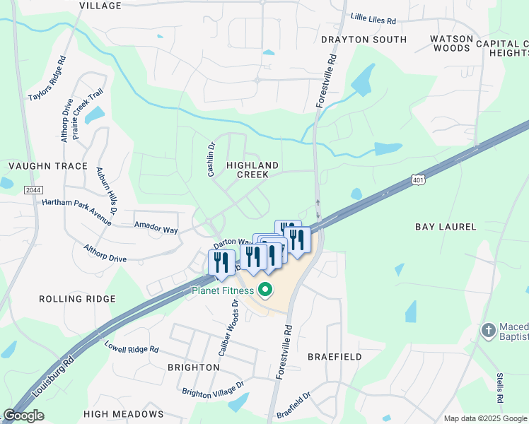 map of restaurants, bars, coffee shops, grocery stores, and more near 2845 Corbett Grove Drive in Raleigh