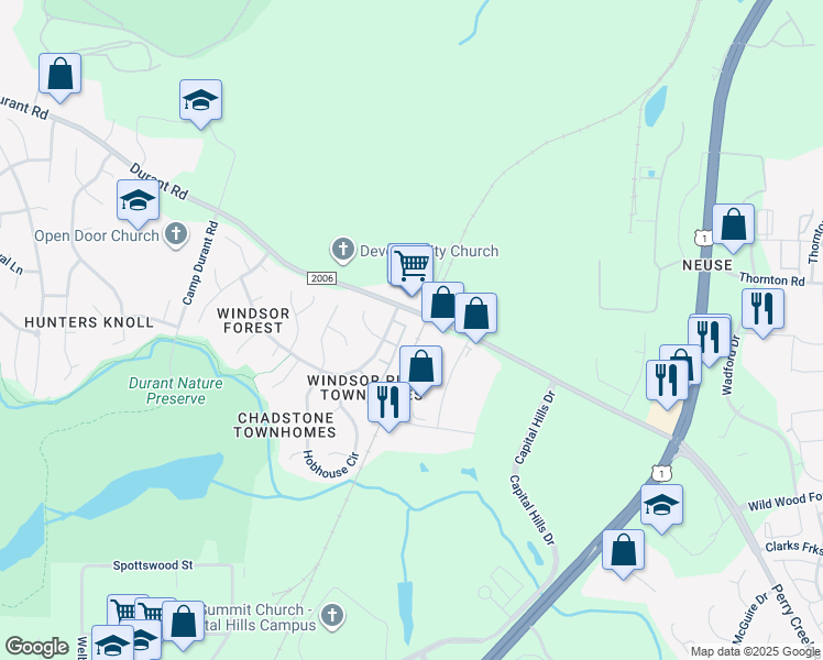 map of restaurants, bars, coffee shops, grocery stores, and more near 9222 Grassington Way in Raleigh