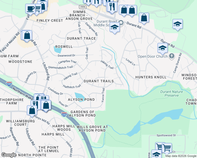 map of restaurants, bars, coffee shops, grocery stores, and more near 2916 Legging Lane in Raleigh