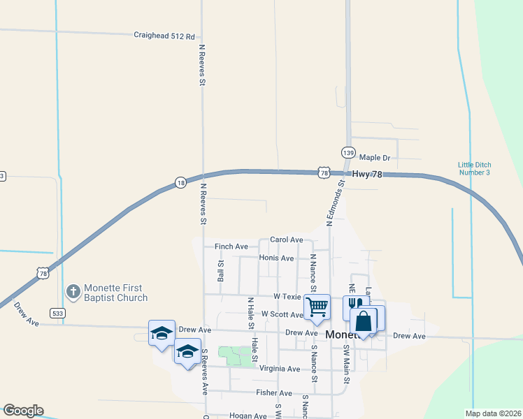 map of restaurants, bars, coffee shops, grocery stores, and more near Old Eli Road in Monette