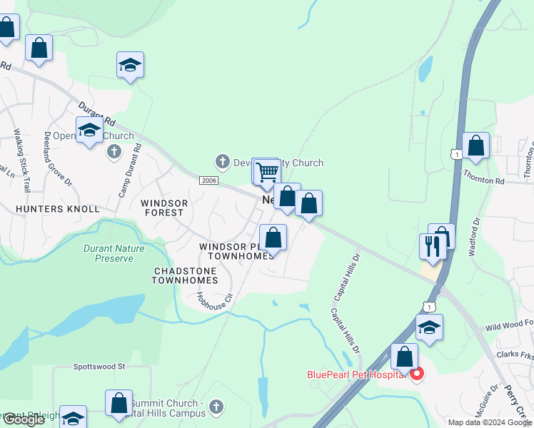 map of restaurants, bars, coffee shops, grocery stores, and more near 9222 Grassington Way in Raleigh