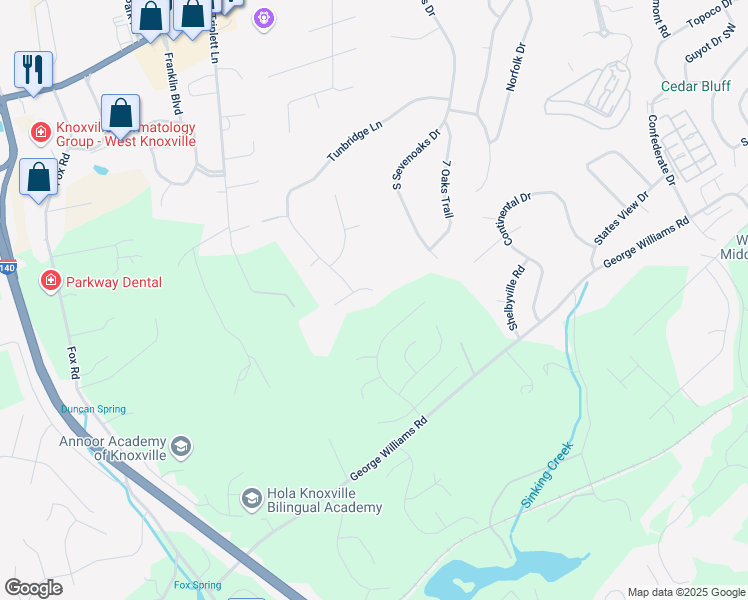 map of restaurants, bars, coffee shops, grocery stores, and more near 9708 Stone Henge Lane in Knoxville