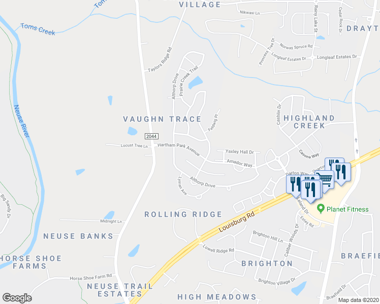 map of restaurants, bars, coffee shops, grocery stores, and more near 8024 Hartham Park Avenue in Raleigh