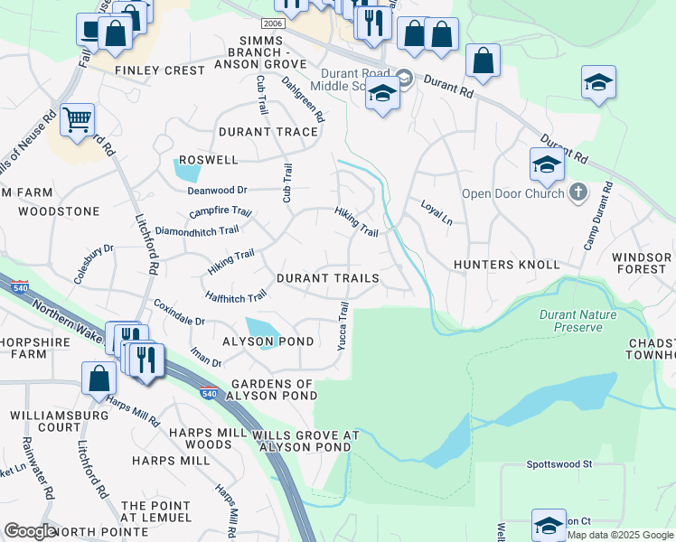 map of restaurants, bars, coffee shops, grocery stores, and more near 2924 Legging Lane in Raleigh