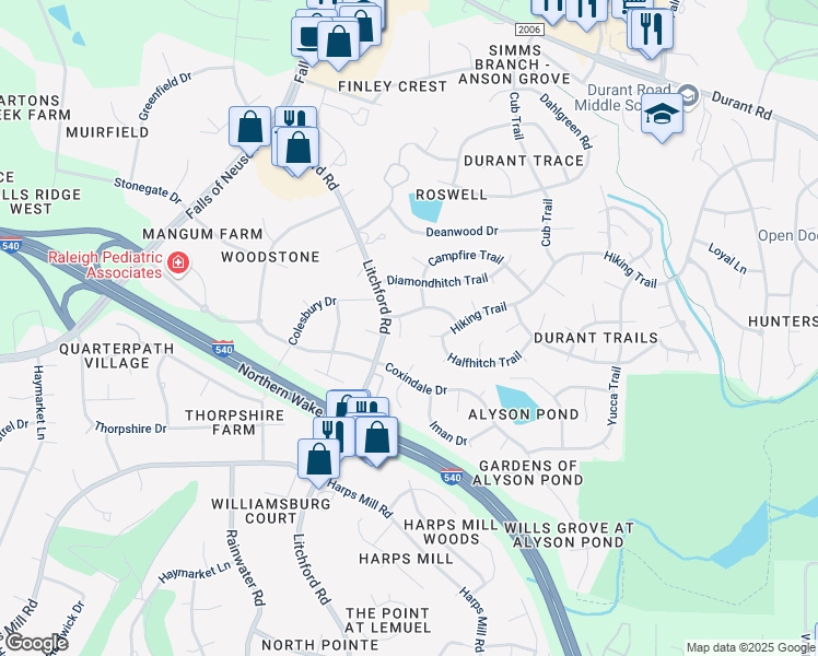 map of restaurants, bars, coffee shops, grocery stores, and more near 8612 Cheerful Court in Raleigh