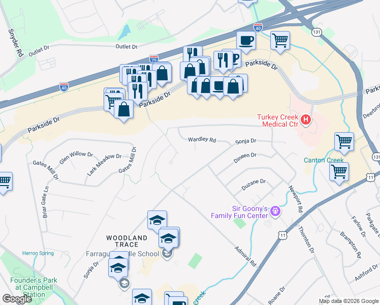 map of restaurants, bars, coffee shops, grocery stores, and more near 303 Highstone Ln in Knoxville