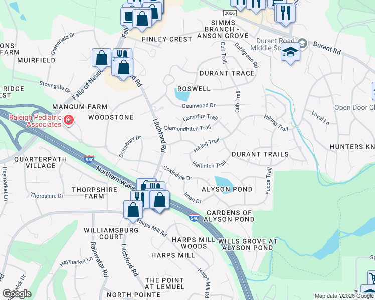 map of restaurants, bars, coffee shops, grocery stores, and more near 2513 Hiking Trail in Raleigh