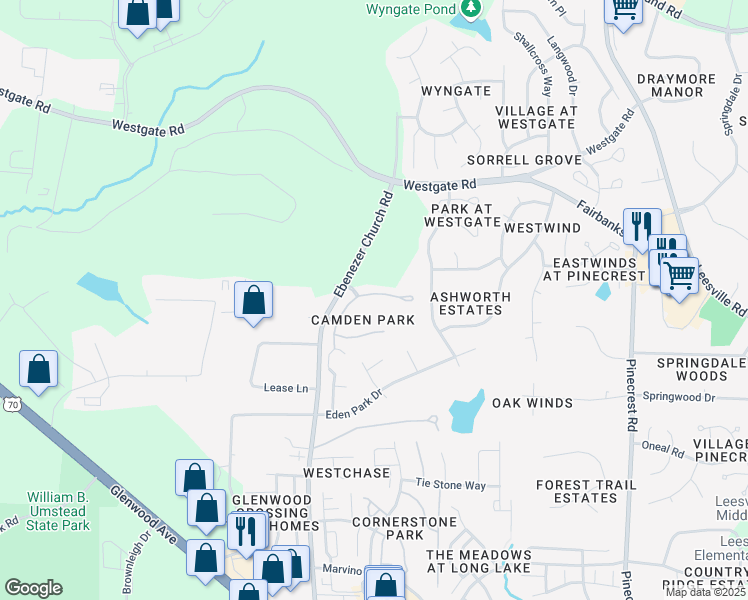 map of restaurants, bars, coffee shops, grocery stores, and more near 8930 Camden Park Drive in Raleigh