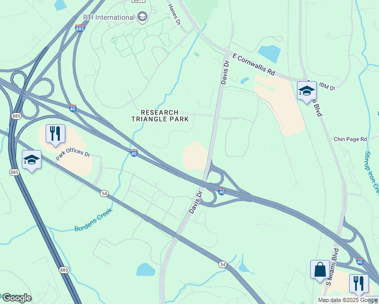 map of restaurants, bars, coffee shops, grocery stores, and more near 12 Davis Dr in Durham