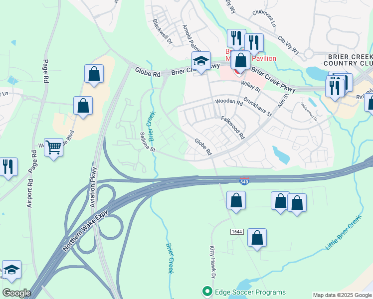 map of restaurants, bars, coffee shops, grocery stores, and more near 10701 Globe Road in Raleigh