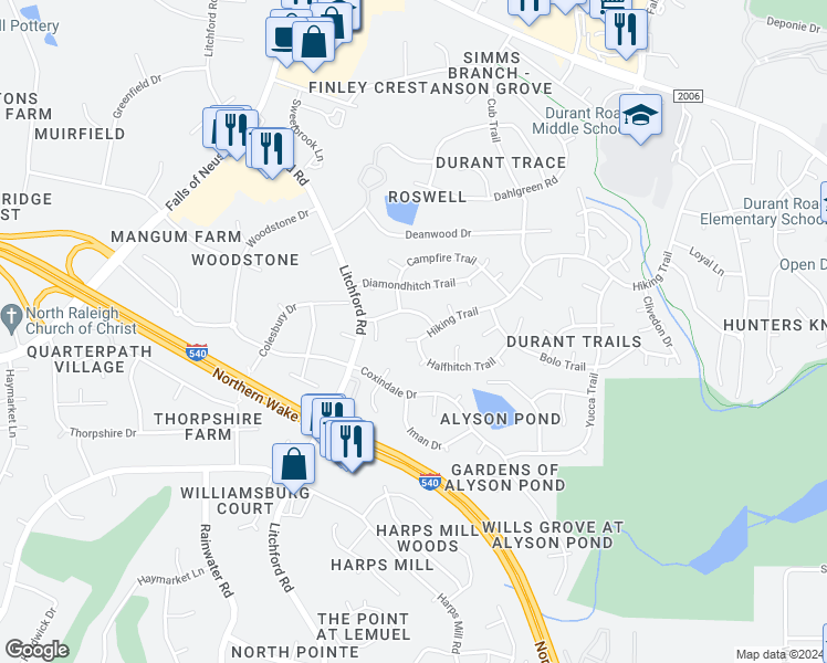 map of restaurants, bars, coffee shops, grocery stores, and more near 2513 Hiking Trail in Raleigh