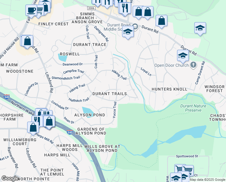 map of restaurants, bars, coffee shops, grocery stores, and more near 2924 Legging Lane in Raleigh