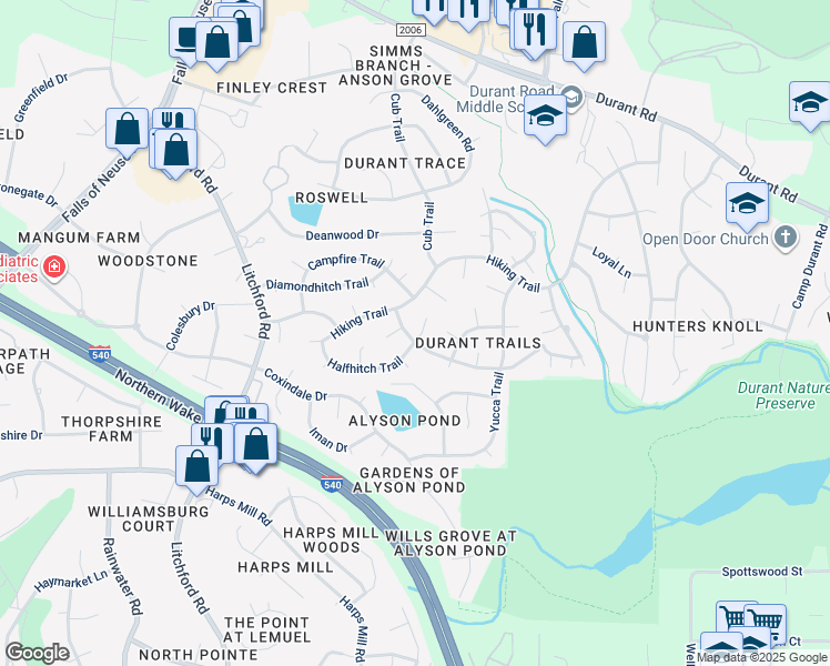 map of restaurants, bars, coffee shops, grocery stores, and more near 2713 Bolo Trail in Raleigh