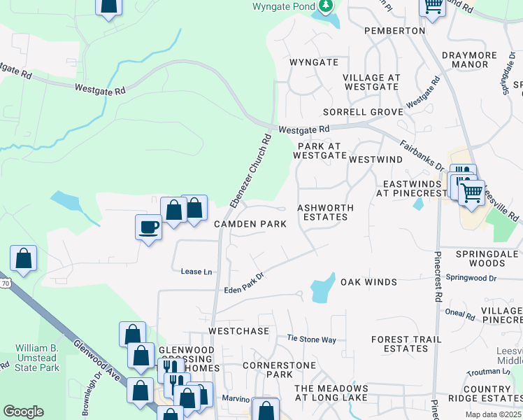 map of restaurants, bars, coffee shops, grocery stores, and more near 8930 Camden Park Drive in Raleigh