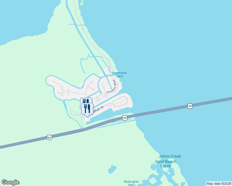 map of restaurants, bars, coffee shops, grocery stores, and more near 733 Pirates Way in Manteo