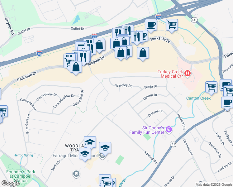 map of restaurants, bars, coffee shops, grocery stores, and more near 303 Highstone Lane in Knoxville