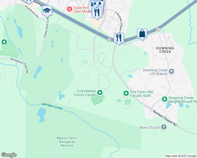 map of restaurants, bars, coffee shops, grocery stores, and more near 255 Summerwalk Circle in Chapel Hill