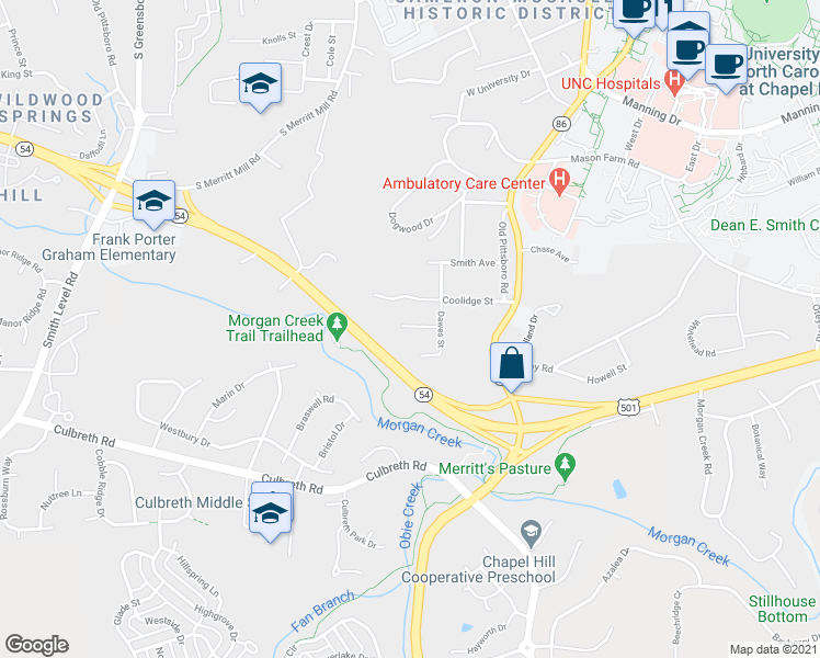 map of restaurants, bars, coffee shops, grocery stores, and more near 509 Pine Bluff Trail in Chapel Hill