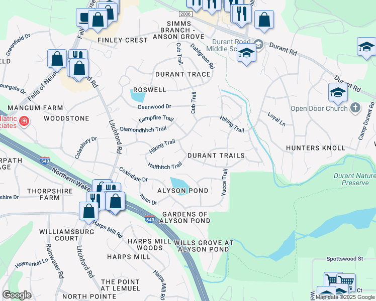 map of restaurants, bars, coffee shops, grocery stores, and more near 2713 Bolo Trail in Raleigh