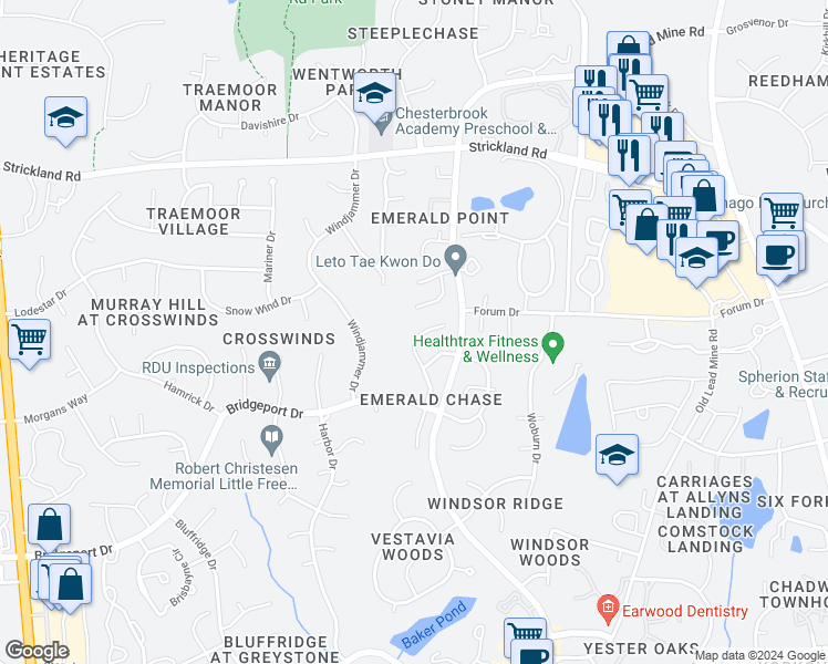 map of restaurants, bars, coffee shops, grocery stores, and more near 8337 Greywinds Drive in Raleigh