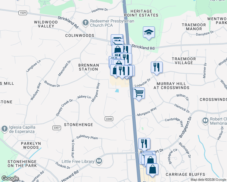map of restaurants, bars, coffee shops, grocery stores, and more near 3008 Oxbow Court in Raleigh