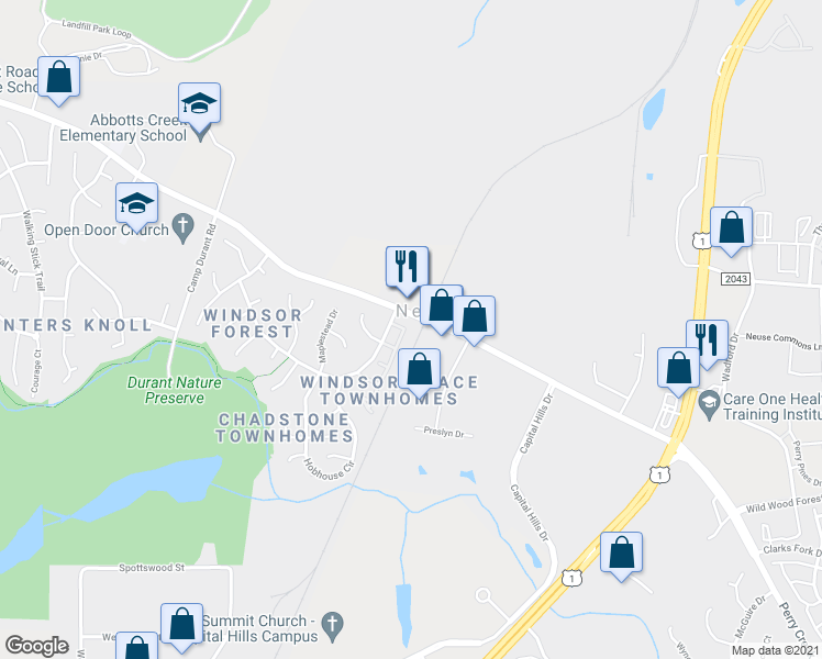 map of restaurants, bars, coffee shops, grocery stores, and more near 9226 Grassington Way in Raleigh