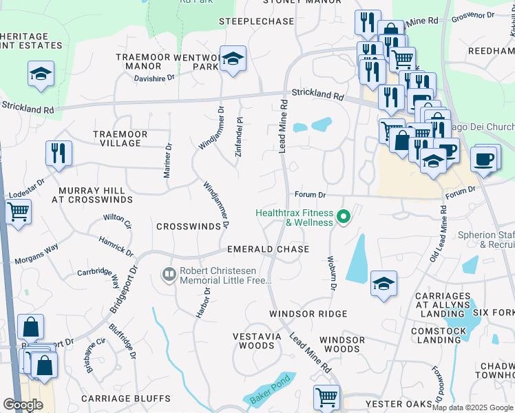 map of restaurants, bars, coffee shops, grocery stores, and more near 8337 Greywinds Drive in Raleigh