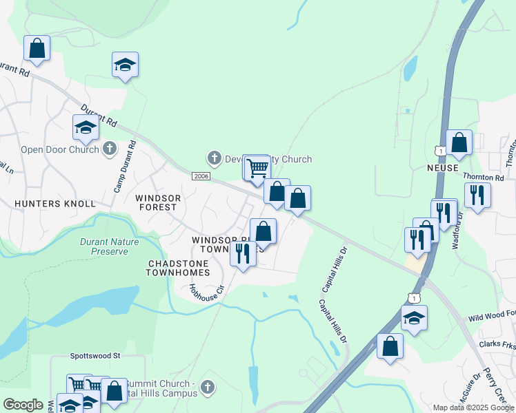 map of restaurants, bars, coffee shops, grocery stores, and more near 9226 Grassington Way in Raleigh
