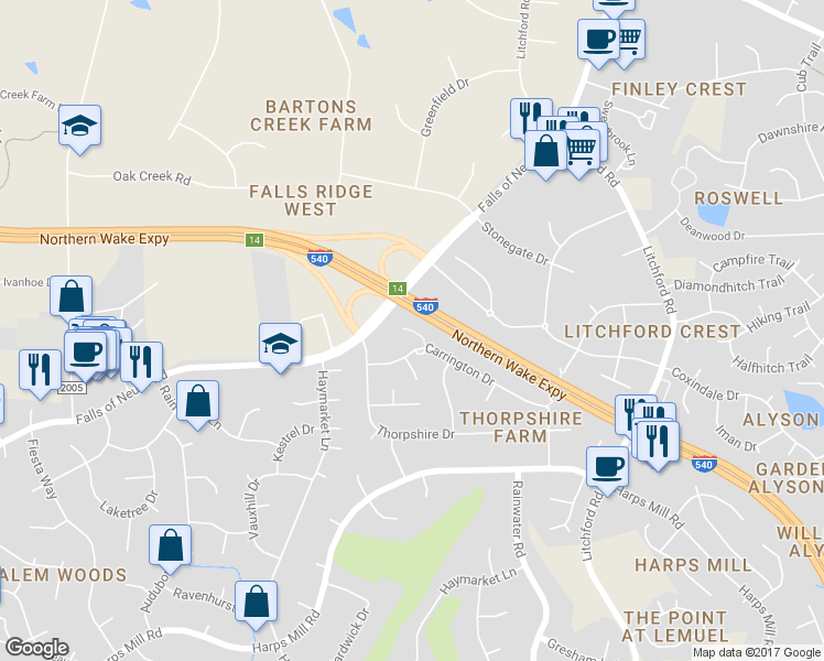 map of restaurants, bars, coffee shops, grocery stores, and more near 1710 Berwickshire Circle in Raleigh