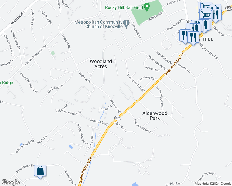 map of restaurants, bars, coffee shops, grocery stores, and more near 8400 Vinings Way in Knoxville