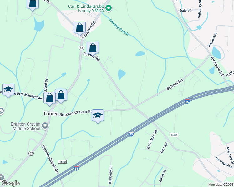 map of restaurants, bars, coffee shops, grocery stores, and more near 5386 Braxton Craven Road in Trinity